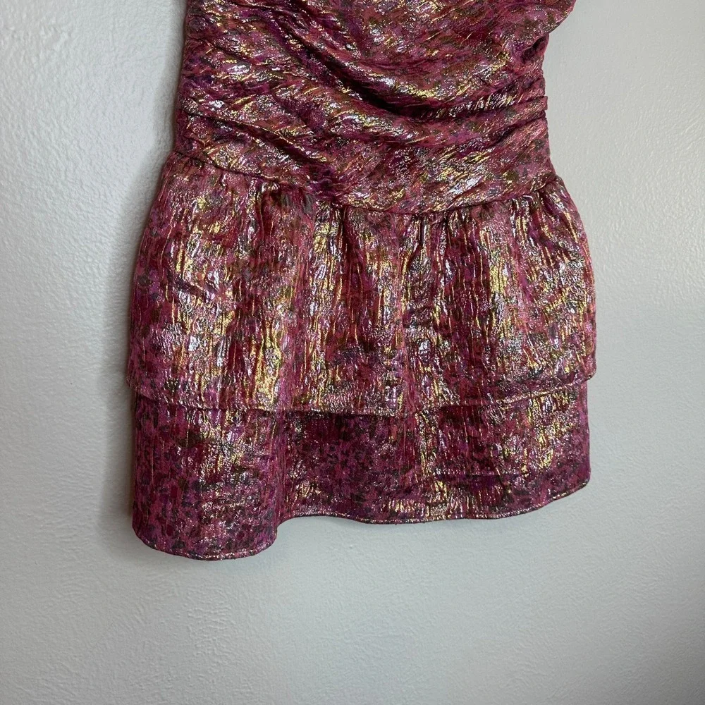 LOVESHACKFANCY Acelin Dress Pink Gold Metallic Jacquard Strapless Ruched Mini 10 - Picture 10 of 11